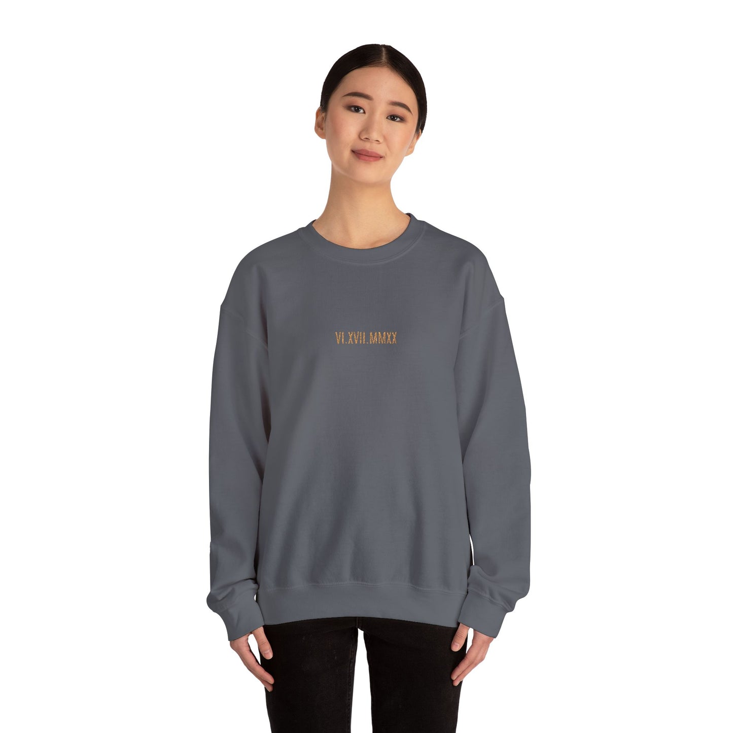 "Timeless Threads" - Personalized Roman Numerals Crewneck Sweatshirt | Embroidered Date, Minimal Luxury